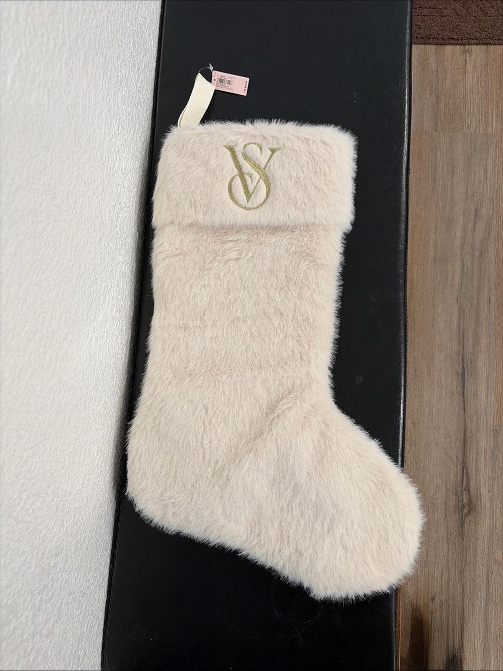 Victoria's Secret Cream Faux Fur Holiday Stocking with Gold VS Emblem